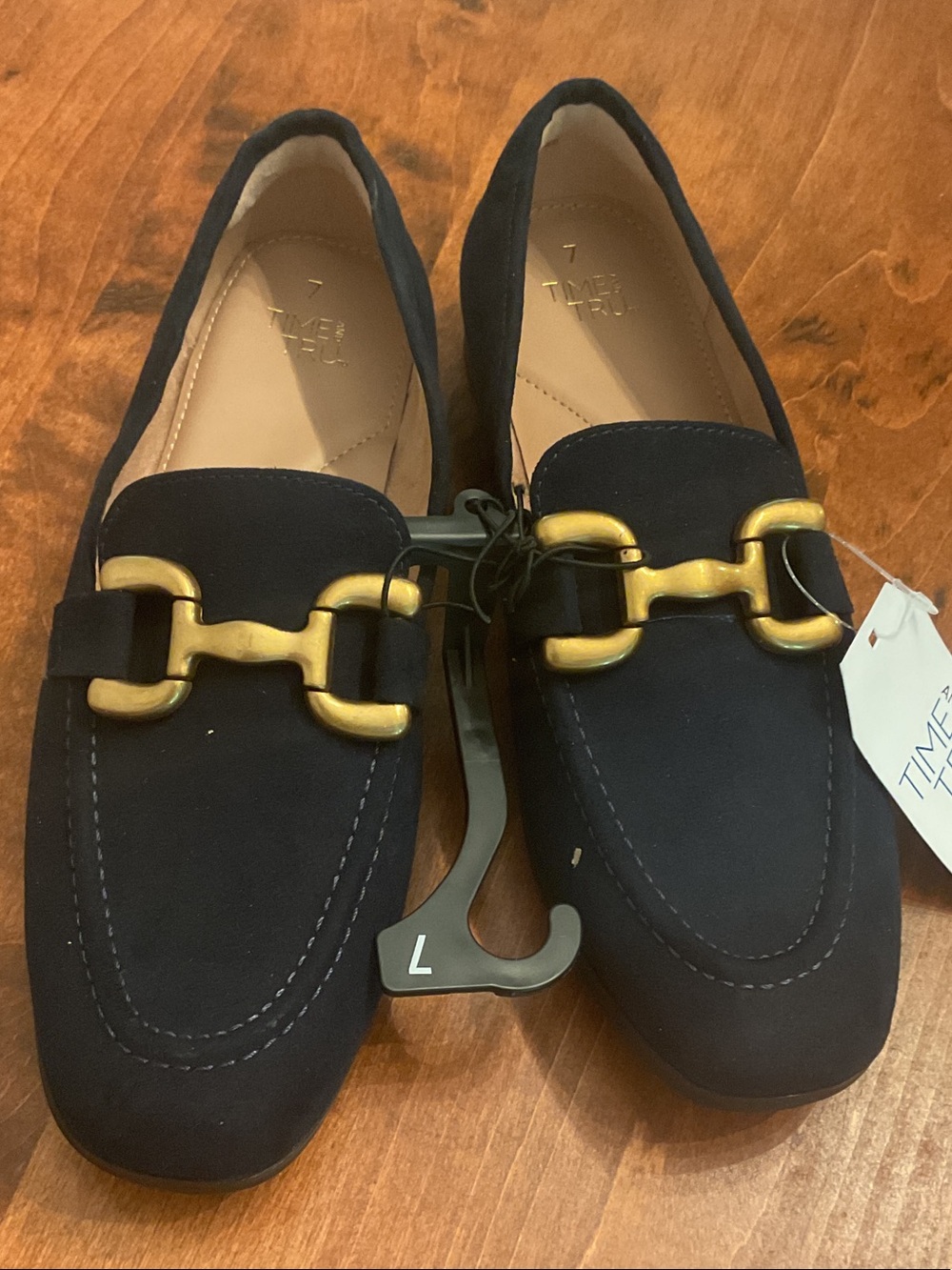 Time and Tru Navy Suede Loafers with Gold Horsebit